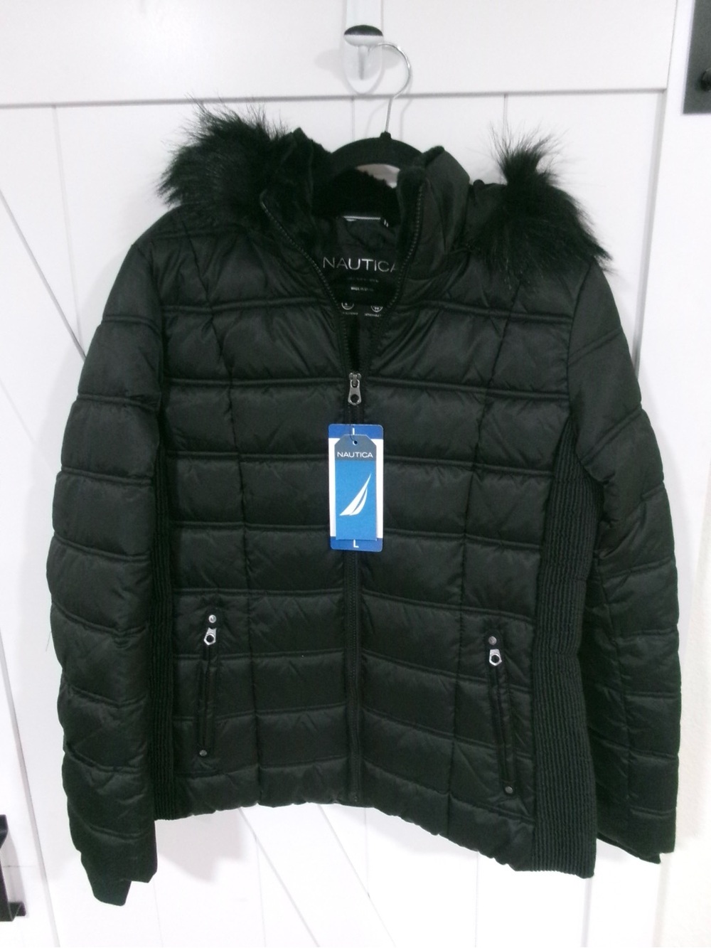 Nautica Black Quilted Puffer Jacket with Faux Fur Hood Trim
